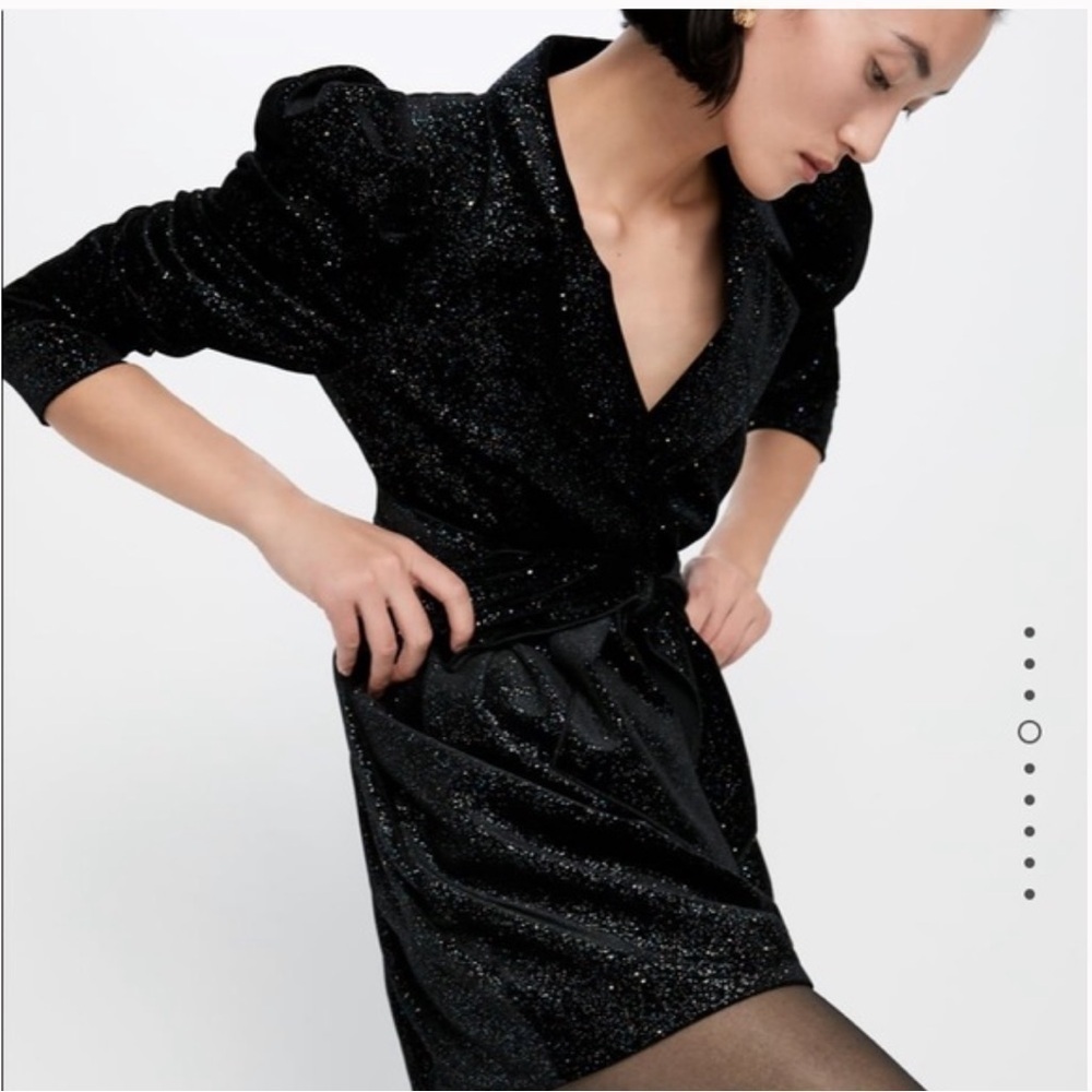 New ZARA Shiny Glittery Velvet Puff Sleeves Blazer Dress With Tie Belt - Picture 3 of 14